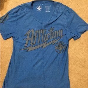 Affliction Mens V neck short sleeve t- shirt blue / gray inside outside X-Large
